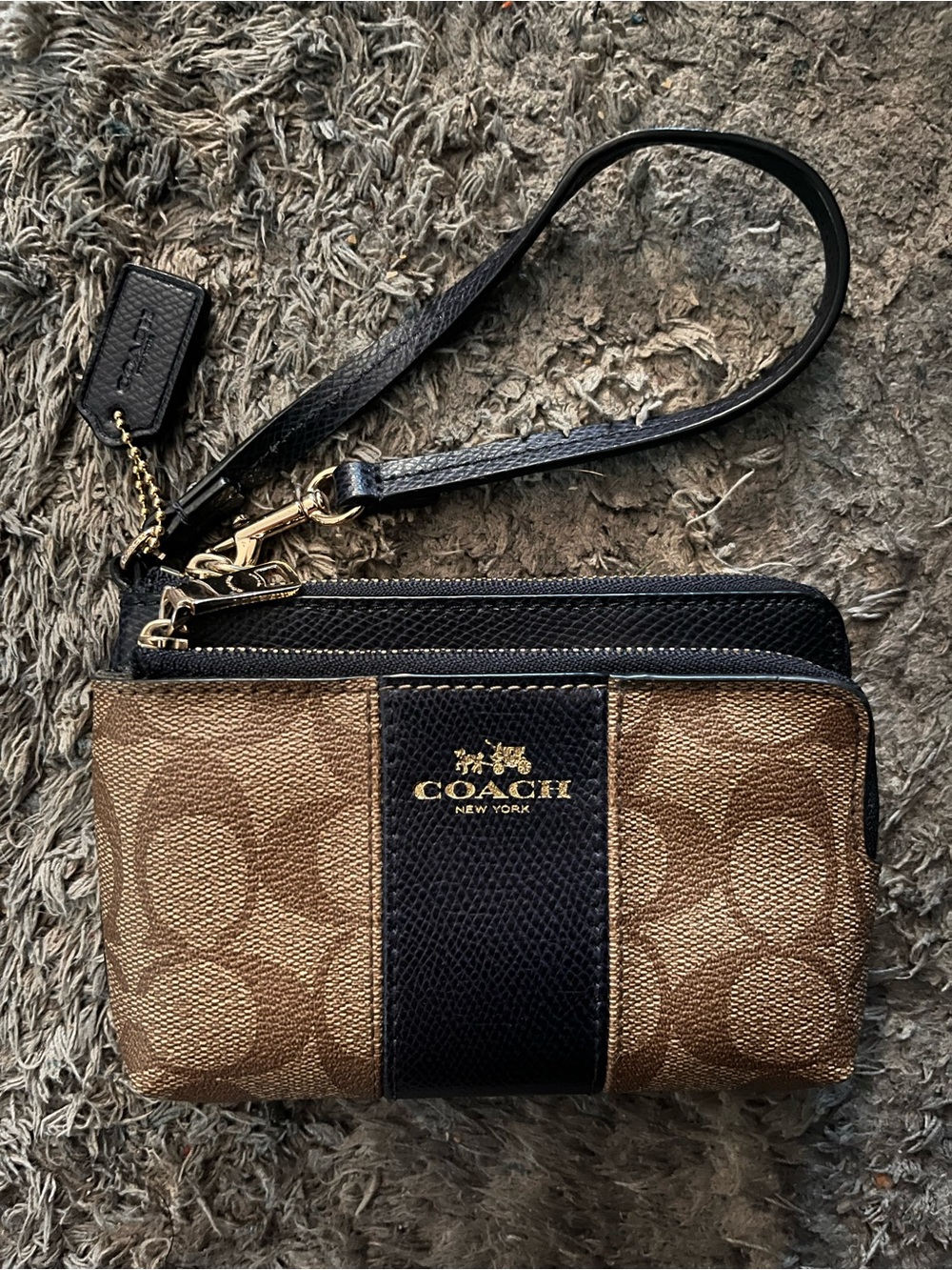 Coach Brown Signature Wristlet Brown Navy Blue 2 Zippered Compartments